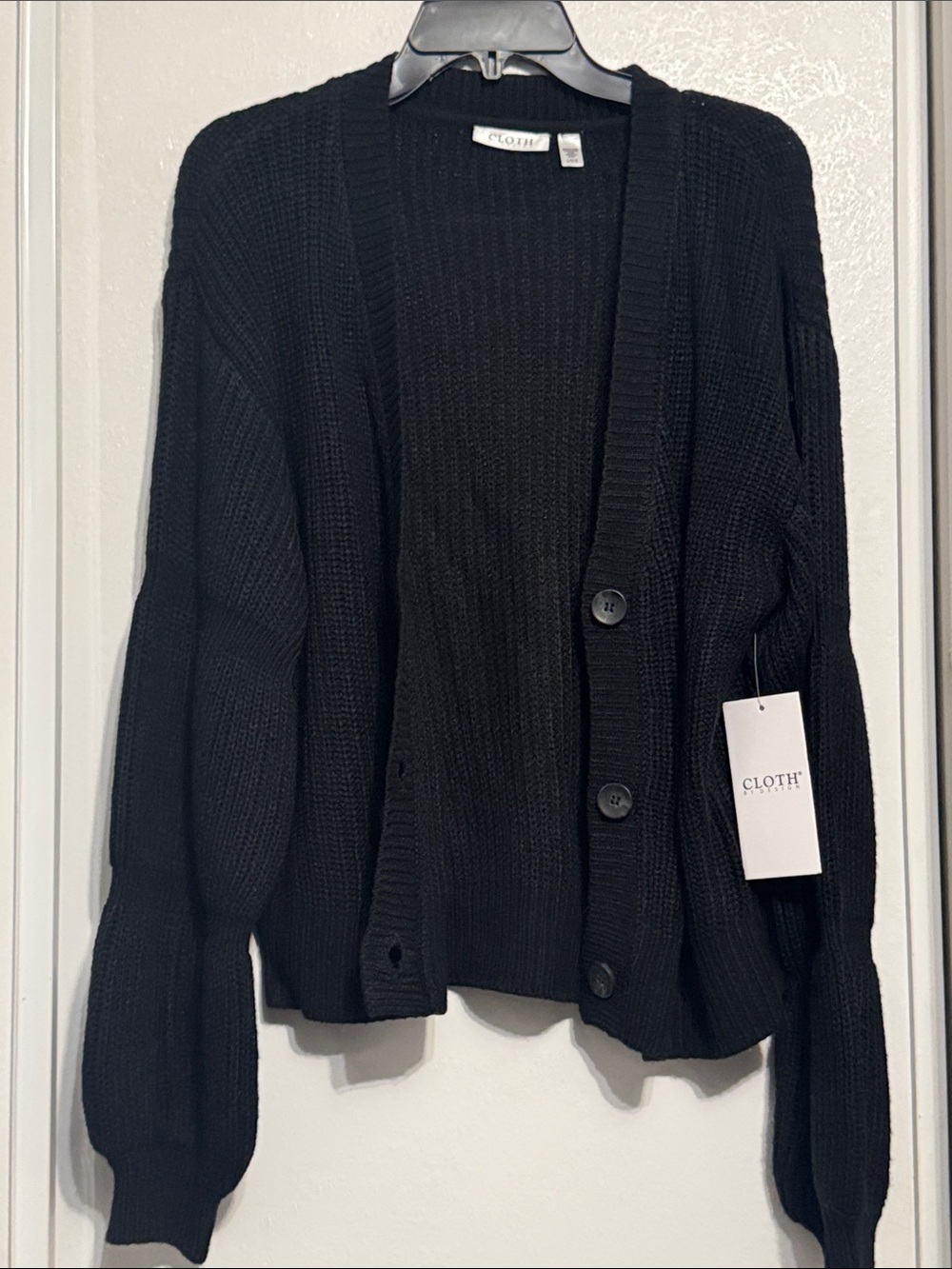 Black Ribbed V-Neck Button Cardigan - Picture 3 of 5